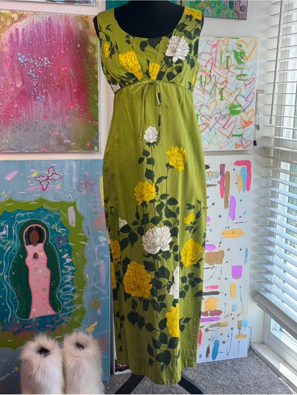 Vintage Malihini Green Floral Maxi Dress with Yellow & White Blooms